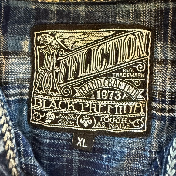 Affliction Men's Buckle Black Premium Blue Black Plaid Button Up Shirt XL - Picture 2 of 8